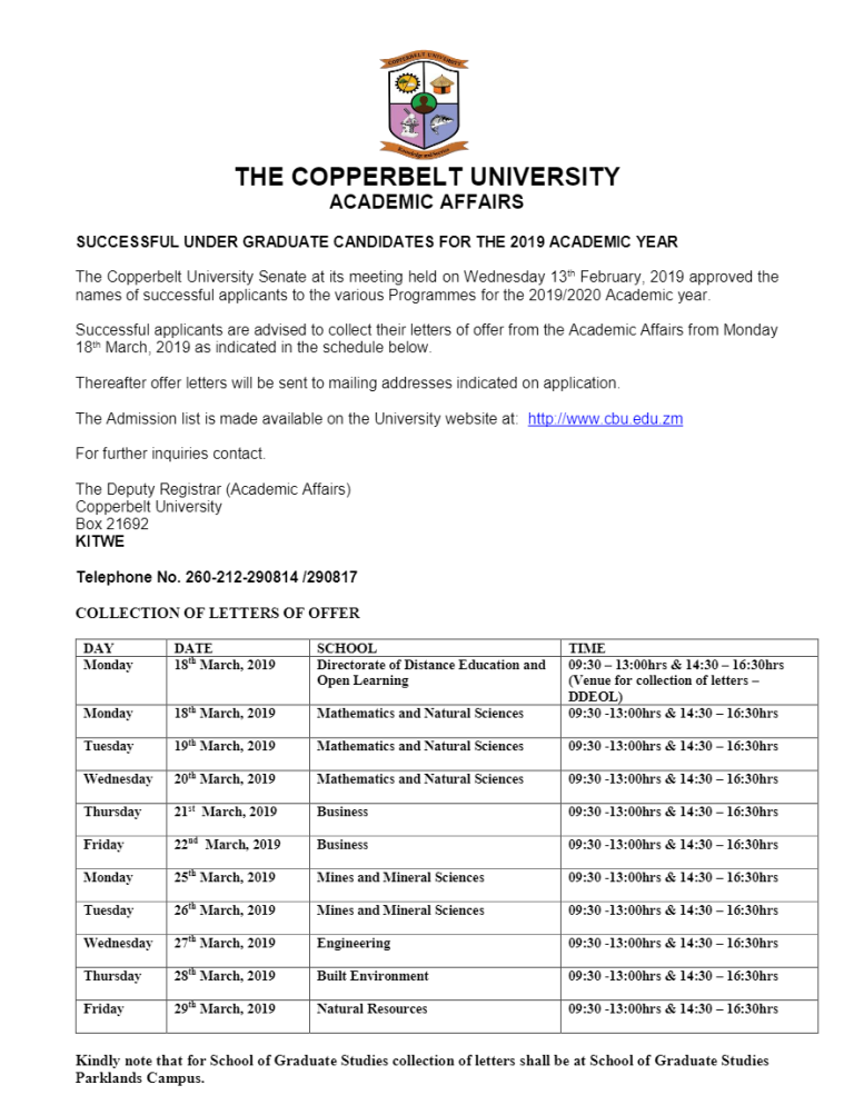 Copperbelt University Admission List 2023 | Check Application Status