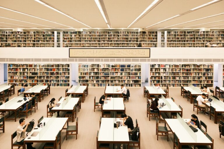 Bookshelves inside a library